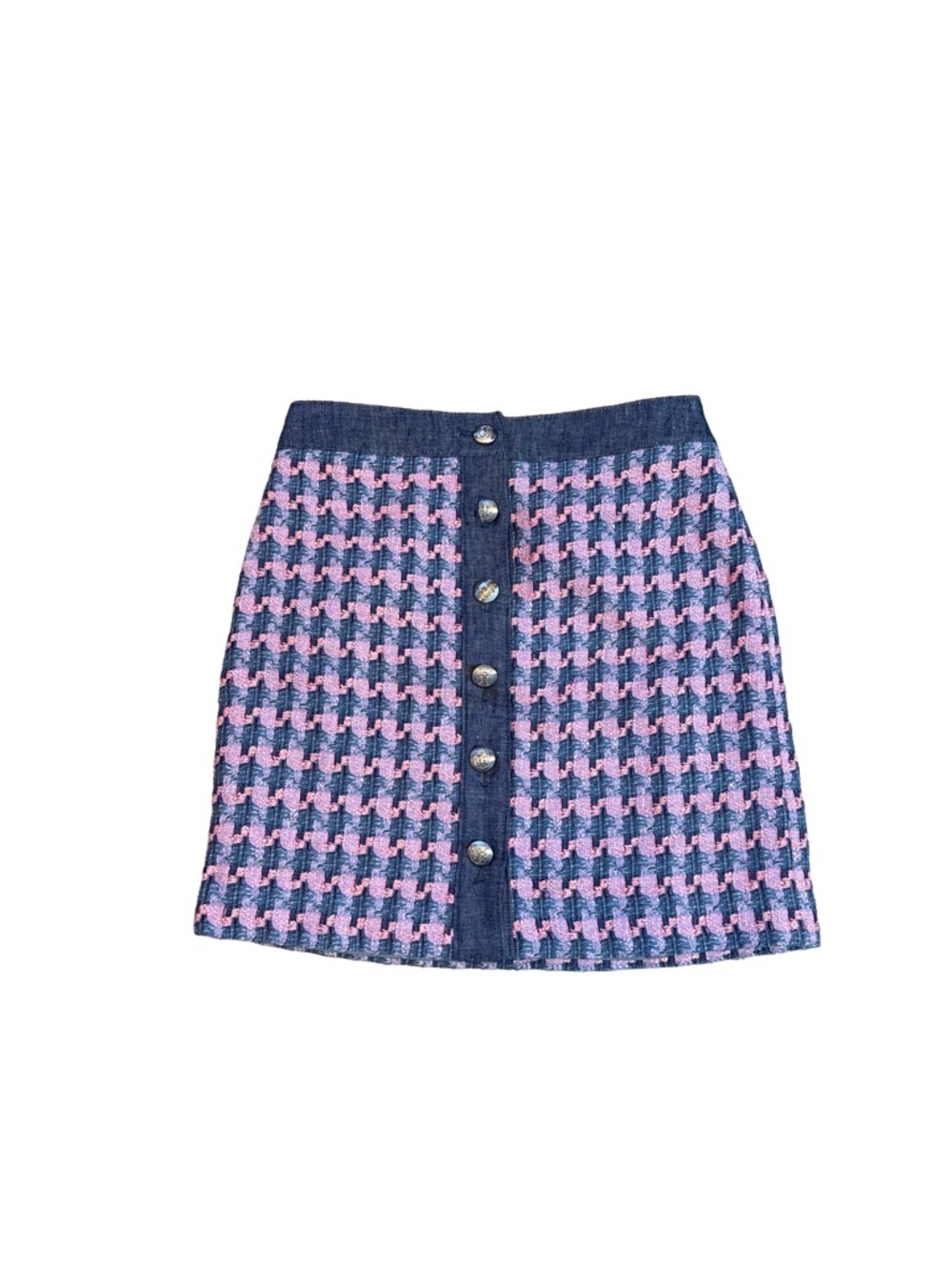 Talbots Pink and Blue Houndstooth Front-Button Mini Skirt. NWT